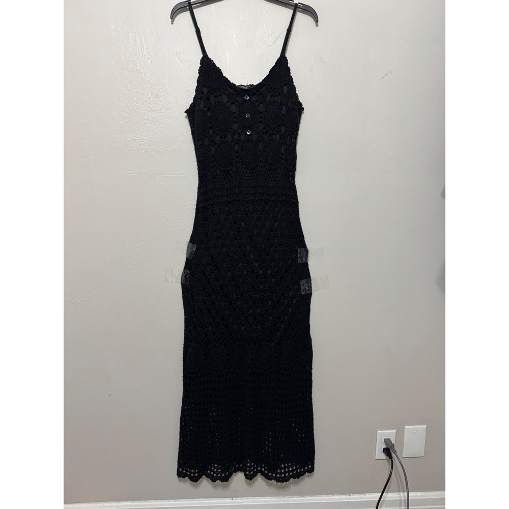 Venus Black Crochet Maxi Dress Sleeveless Lined Boho Crochet Scallop Hem L
